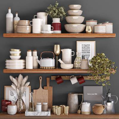 现代厨房搁板摆件 碗碟调味瓶